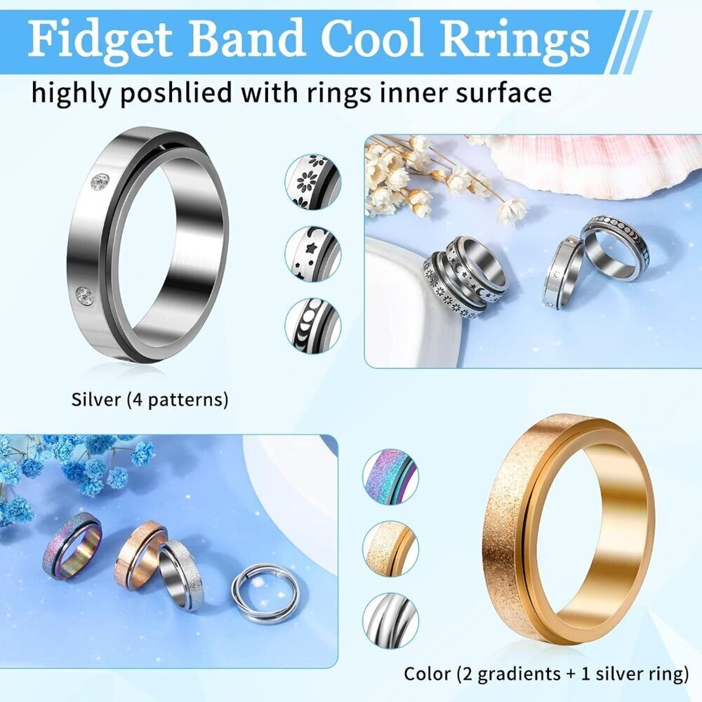 12Pcs Anxiety Fidget Rings for Women, Stainless Steel Spinner Rings Moon and Sta - Picture 5 of 7